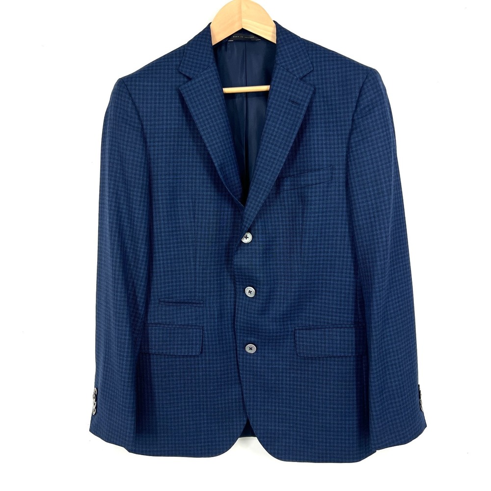 Hugo Boss Drago Super 110 Blazer Sport Coat Mens 46 Navy‎ Check Wool 3 Button